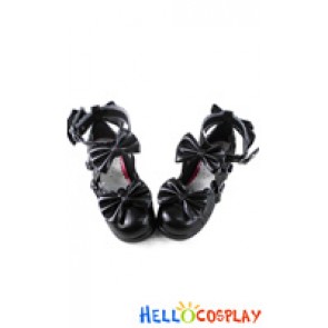 Princess Lolita Shoes Black Matte Heart Shaped Buckles Ankle Crossing Straps Bows