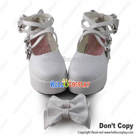 Princess Lolita Shoes White Matte Sweet Bows Crossing Straps Heart Shaped Buckles