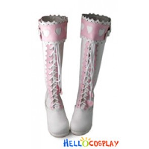 Princess Lolita Long Boots White Pink Lace Heart Ruffle Chunky Heart Shaped Shoelace