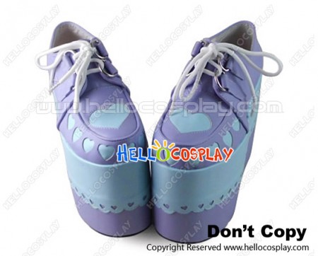 Punk Lolita Shoes Purple Blue Heart Shaped Lace High Platform