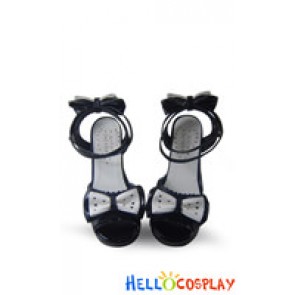 Black White Bows Ankle Strap Chunky Princess Lolita Sandals