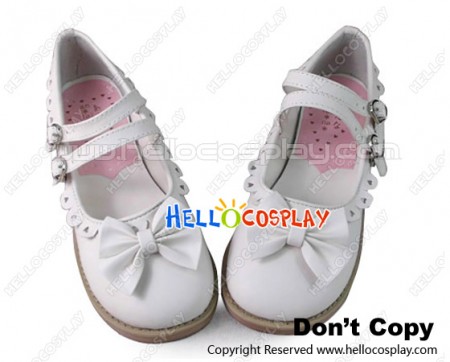 Princess Lolita Shoes White Flat Heel Double Straps Sweet Lace Bow