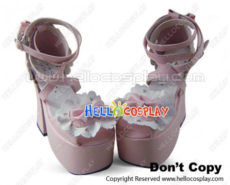 Mirror Pink White Ruffle Flower Bow Chunky Princess Lolita Shoes