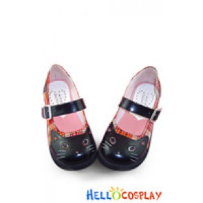 Red Plaid Black Single Strap Cartoon Cat Blocking Lolita Shoes