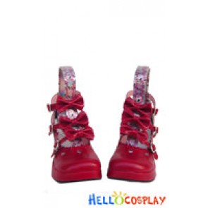 Red Three Bows Straps Chunky Princess Lolita Shoes