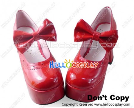 Sweet Lolita Shoes Mirror Red IW Charlotte Lace Bow High Chunky