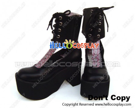Matte Black Ankle Strap Lacing Chunky Punk Lolita Shoes