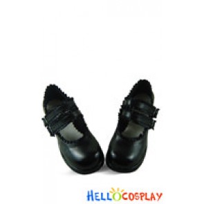 Black Satin Ruffle Double Straps Chunky Sweet Lolita Shoes