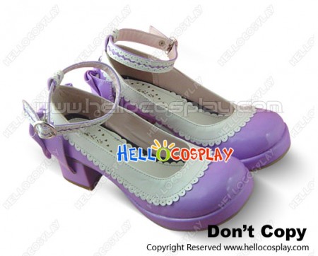 Purple Back Bow White Ruffle Strap Chunky Princess Lolita Shoes