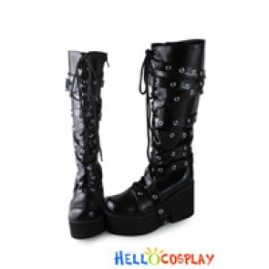 Punk Lolita Boots Black Lace Up Rivet Leg Straps Chunky Heel