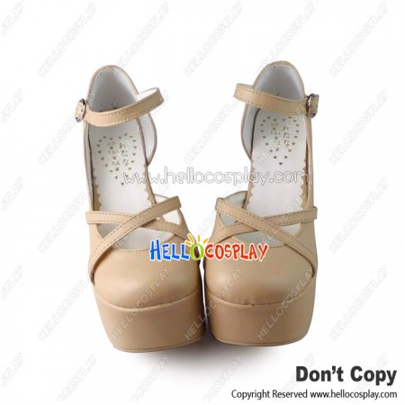 Punk Lolita Shoes Beige Ankle Crossing Straps Chunky Heel
