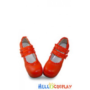 Red Satin Ruffle Double Straps Chunky Sweet Lolita Shoes