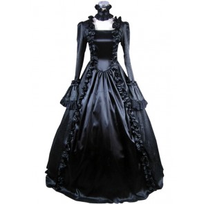 Victorian Gothic Satin Jacquard Black Dress Ball Gown