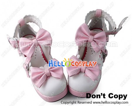 Princess Lolita Shoes Sweet Pink White Lace Straps Bows Chunky Heel