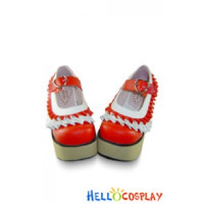 Matt Red White Ruffle Buckles Strap Platform Punk Lolita Shoes