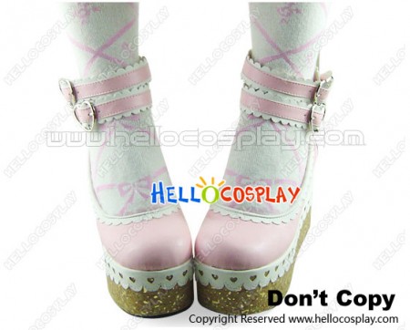 Pink White Heart Shaped Ruffle Platform Princess Lolita Shoes