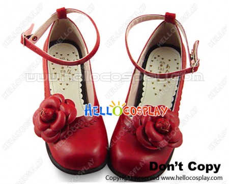 Wine Red Ruffle Flower Contract Chunky Sweet Lolita Shoes