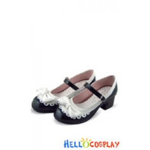 Black White Heart Shaped Ruffle Chunky Princess Lolita Shoes