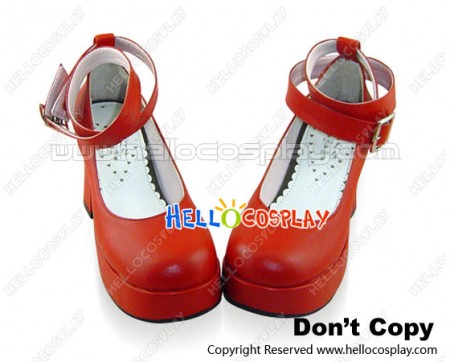 Matt Red Ankle Buckle Straps Chunky Princess Lolita Shoes