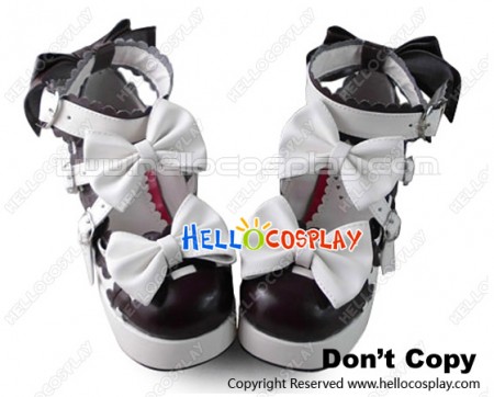 Princess Lolita Shoes Black White Chunky Ankle Strap Lace Bows Heart Shaped Buckles