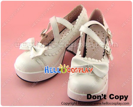 White Bow Crossing Straps Ruffle Chunky Princess Lolita Shoes