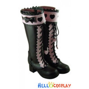 Brown Pink Heart Ruffle Chunky Princess Lolita Long Boots