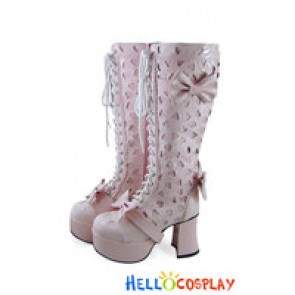 Mirror Pink Bows Heart Shaped Chunky Princess Lolita Boots