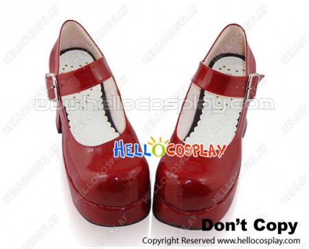 Mirror Wine Red Strap Square Buckle Chunky Princess Lolita Shoes