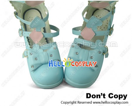 Matt Blue Alice Bow Straps Chunky Princess Lolita Shoes