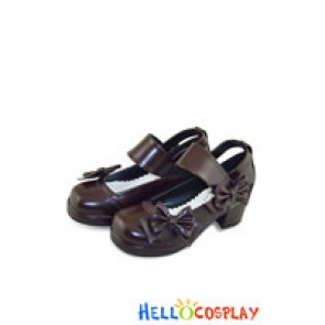 Brown Chunky Bow Princess Lolita Shoes With Ankle Strap