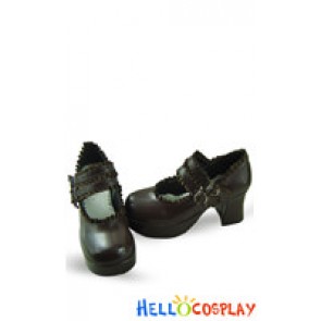 Brown Satin Ruffle Double Straps Chunky Sweet Lolita Shoes