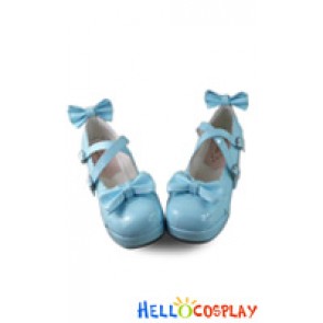 Lolita Shoes Sweet Blue Mirror Lacing Crossing Straps Bows Square Buckles