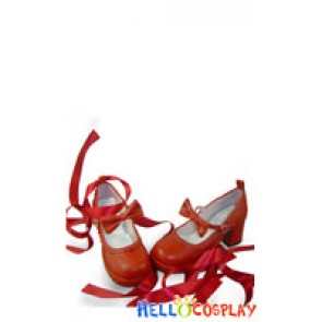 Wine Red Long Satin Strap Chunky Princess Lolita Shoes