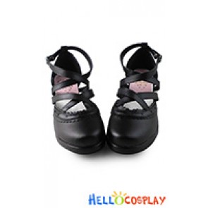 Lolita Shoes Ankle Crossing Straps Princess Chunky Lacing Ruffle Black Sandals