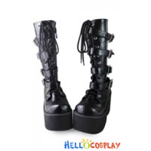 Punk Lolita Boots Black Matte Chunky Straps Lace Up Buckles