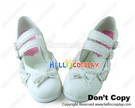 White Bows Double Ruffle Straps Chunky Princess Lolita Shoes