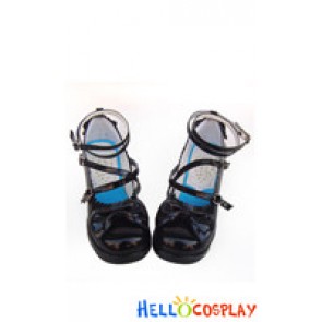 Mirror Black Ruffle Bows Sweet Chunky Princess Lolita Shoes