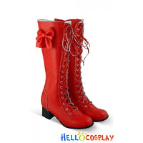 Matt Red Bows Lace Up Ruffle Chunky Princess Lolita Boots