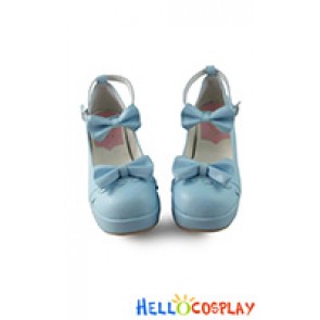 Sweet Lolita Shoes Blue Calmly Bows Ankle Strap Chunky Heel