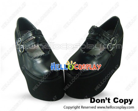 Black Double Ruffle Straps Platform Princess Lolita Shoes