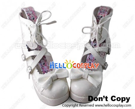 Lolita Shoes Sweet White Mirror Ruffle Wide Ankle Crossing Straps Bow Chunky