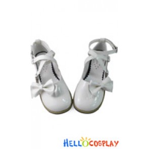 Princess Lolita Shoes Flat Heel Mirror White Ankle Crossing Straps Bow Buckles