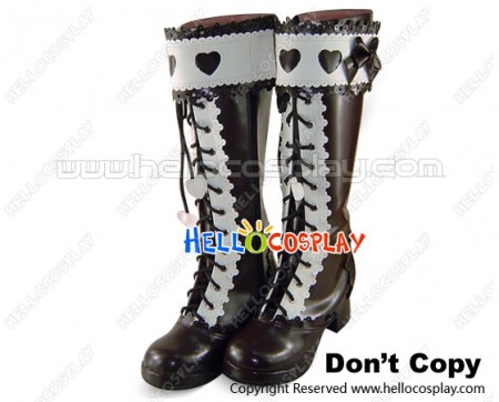 Brown White Heart Ruffle Chunky Princess Lolita Long Boots
