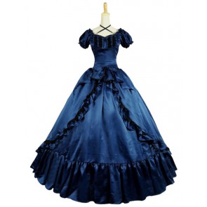 Victorian Southern Belle Ball Gown Reenactment Halloween Blue Lolita Dress Costume