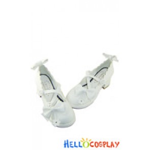 Matt White Flank Detachable Bow Chunky Princess Lolita Shoes