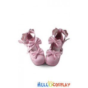 Princess Lolita Shoes Pink Chunky Ankle Strap Lace Bows Heart Shaped Buckles