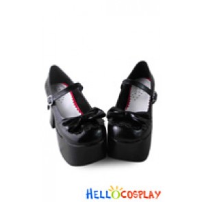 Princess Lolita Shoes Black Matte High Chunky Single Strap Bow Buckle
