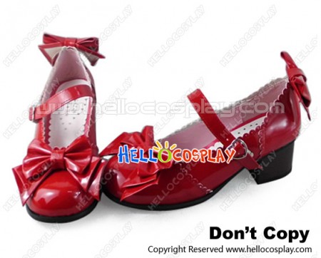 Princess Lolita Shoes Sweet Mirror Red Instep Strap Bows Lace Heart Shaped Buckle