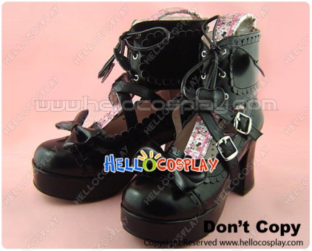 Black Ruffle Wide Ankle Straps Chunky Sweet Lolita Shoes