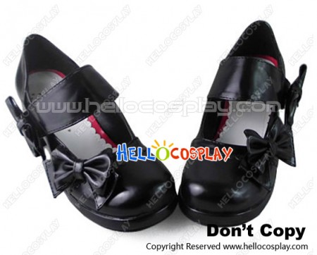 Princess Lolita Shoes Matte Black Wide Ankle Strap Lace Bow